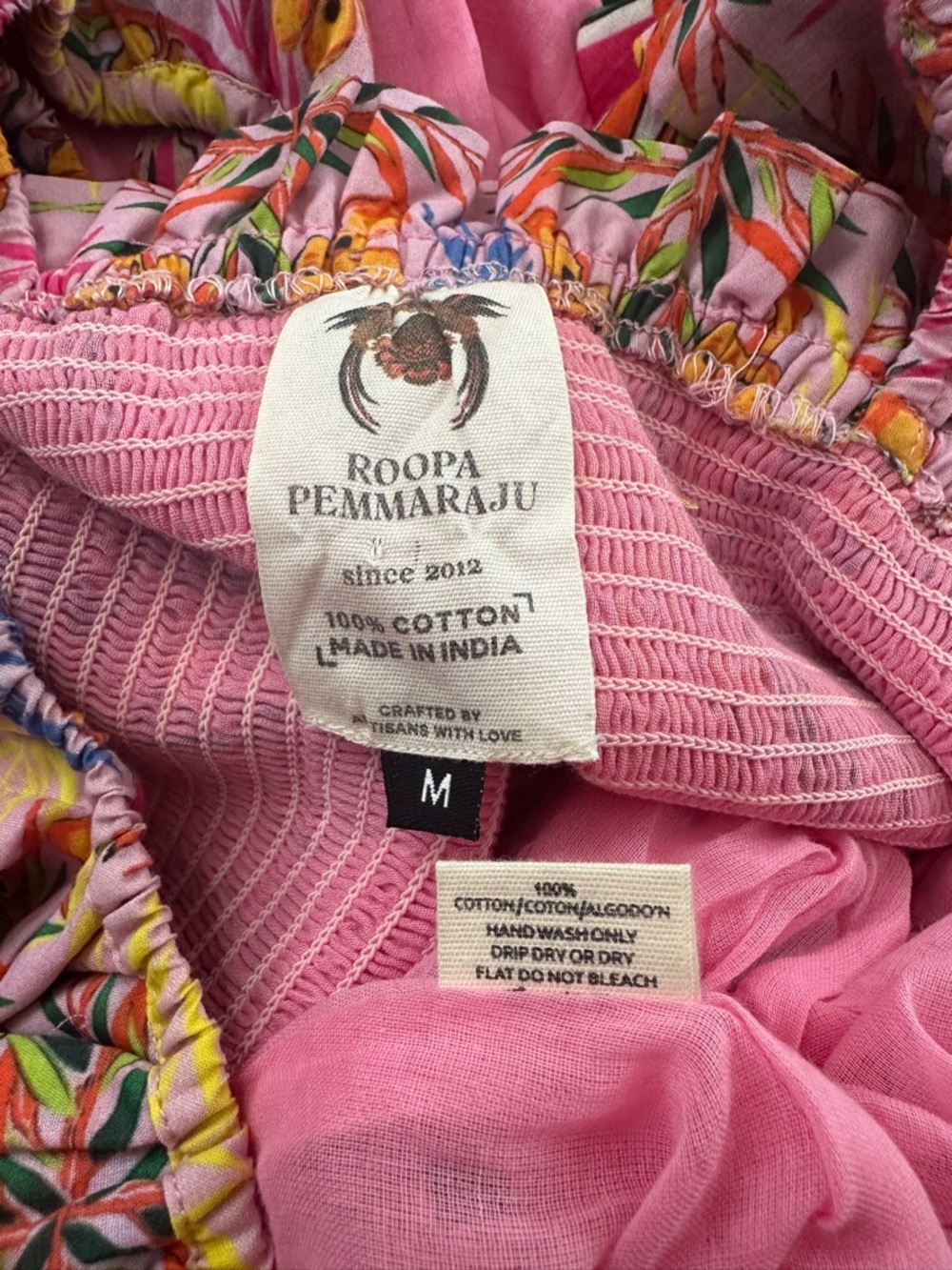 Anthropologie Roopa Pemmaraju Floral Smocked Dress Pink Ruffle Cotton Sundress M - Picture 4 of 11